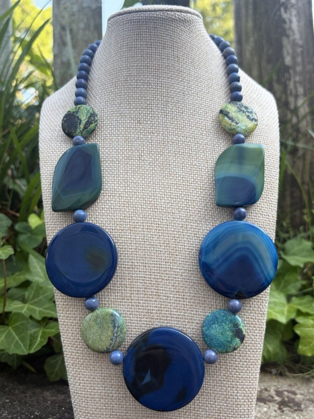 Chunky Blue Agate Stone Discs Jasper Statement Necklace Toggle Clasp Beaded Boho